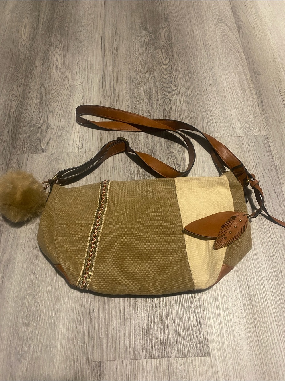 Canvas and Leather Two-Tone Shoulder Bag with Leaf Charm - Beige/Tan